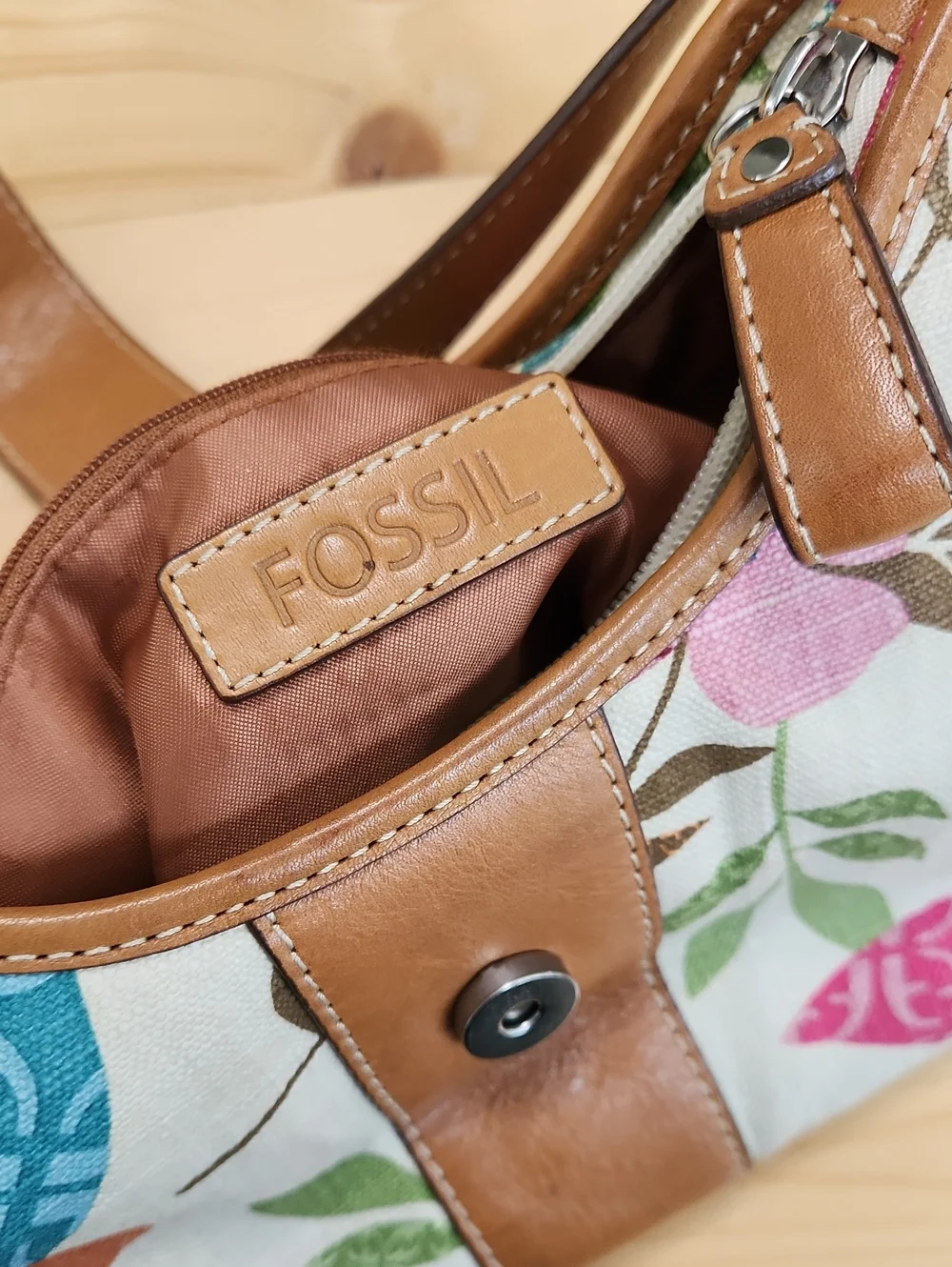 Vintage Fossil Floral Canvas Shoulder Bag Leather Trim Y2k - Picture 15 of 17